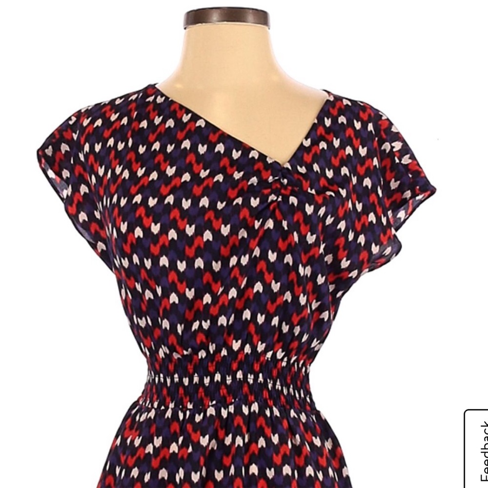 Dress with elastic waist and asymmetrical neckline
